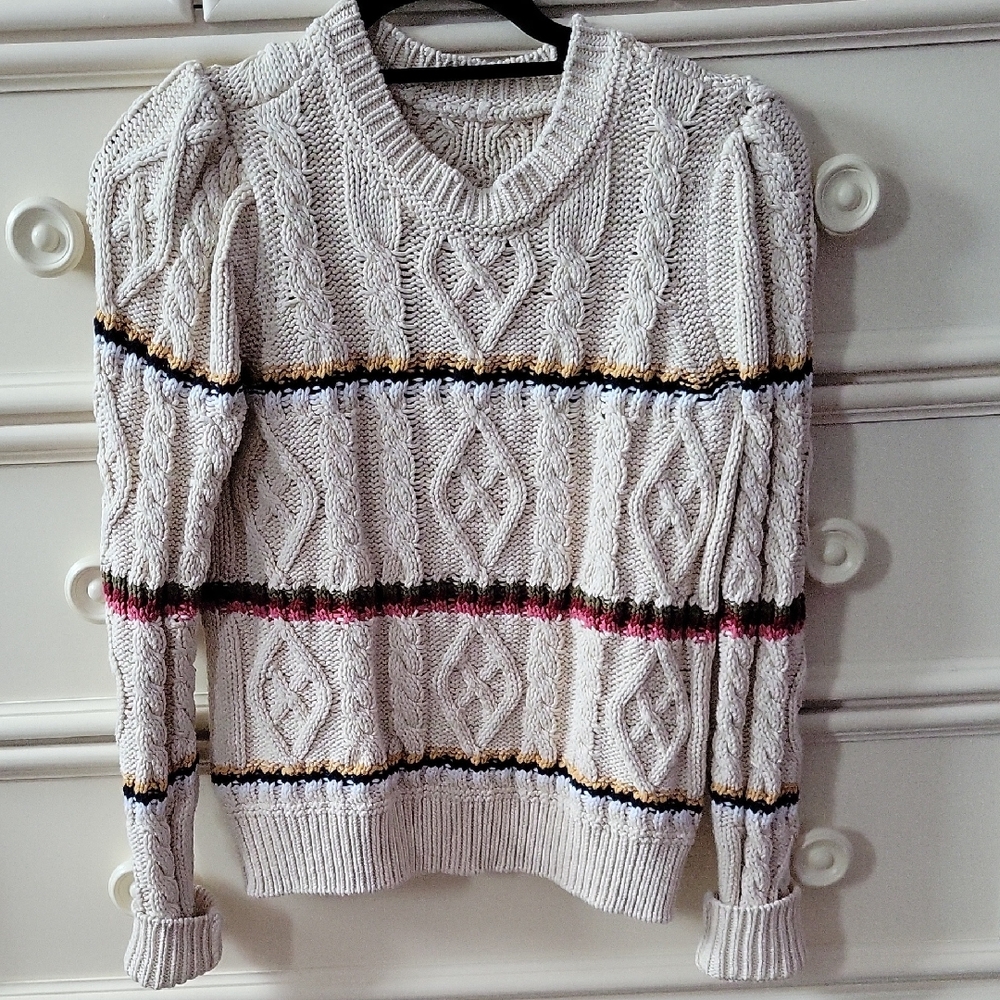 Veronica Beard Bruna Cable Knit Sweater - Cream with Multicolor Stripes
